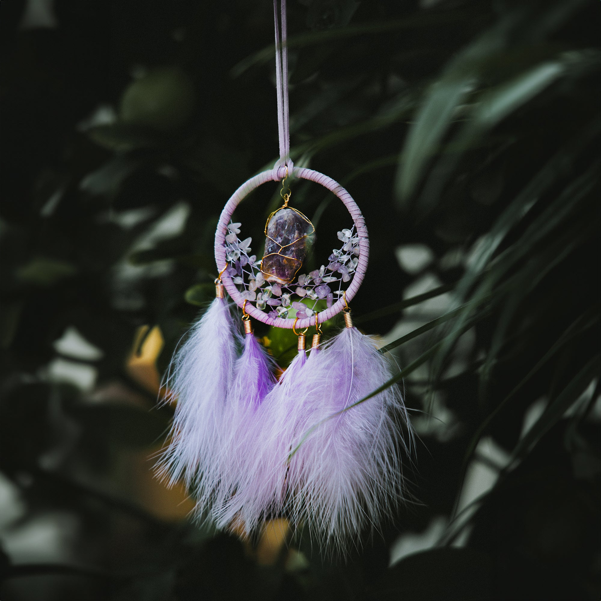 Amethyst Crystal Hanging Small Dreamcatcher Purple Feather