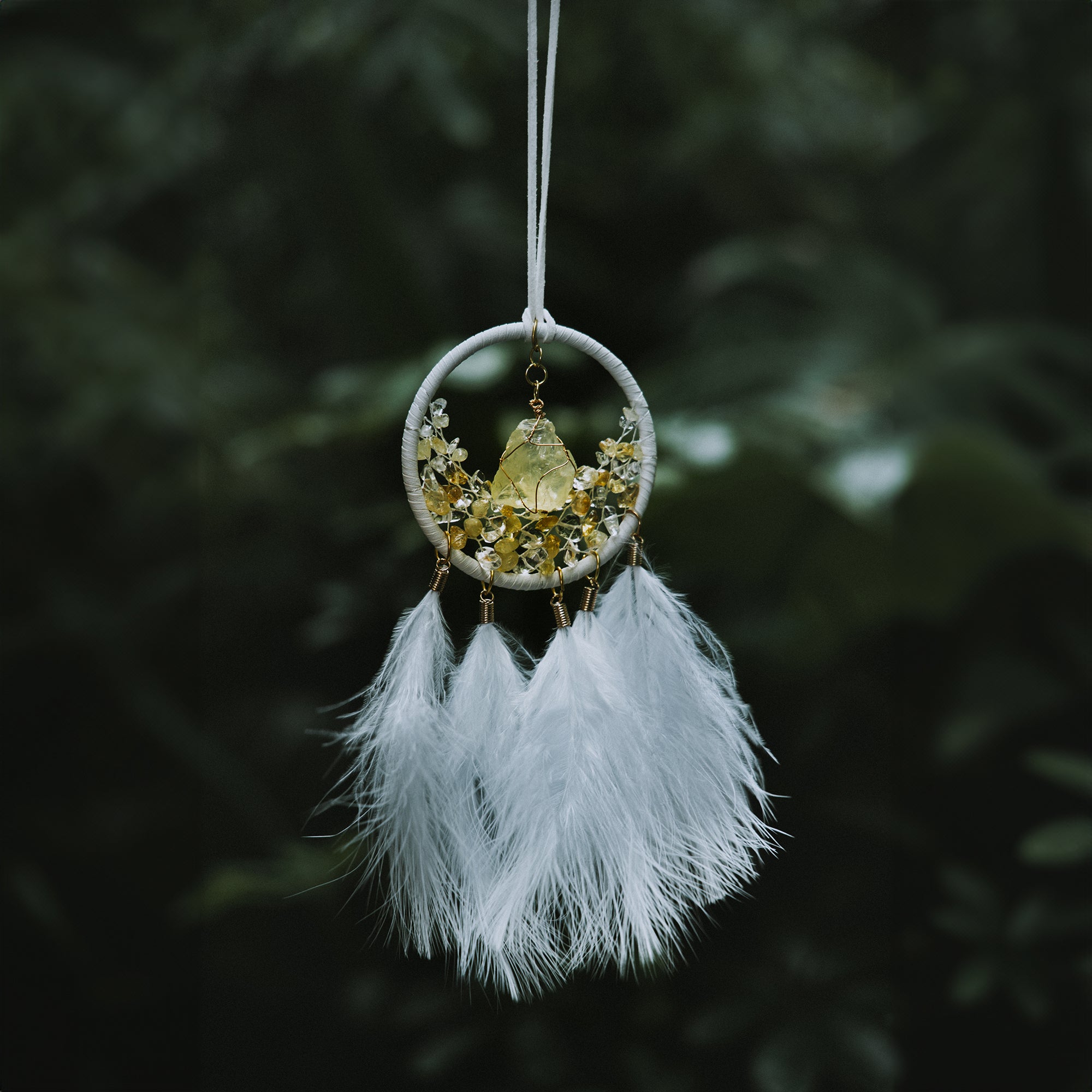 Citrine Crystal Hanging Small Dreamcatcher White Feather