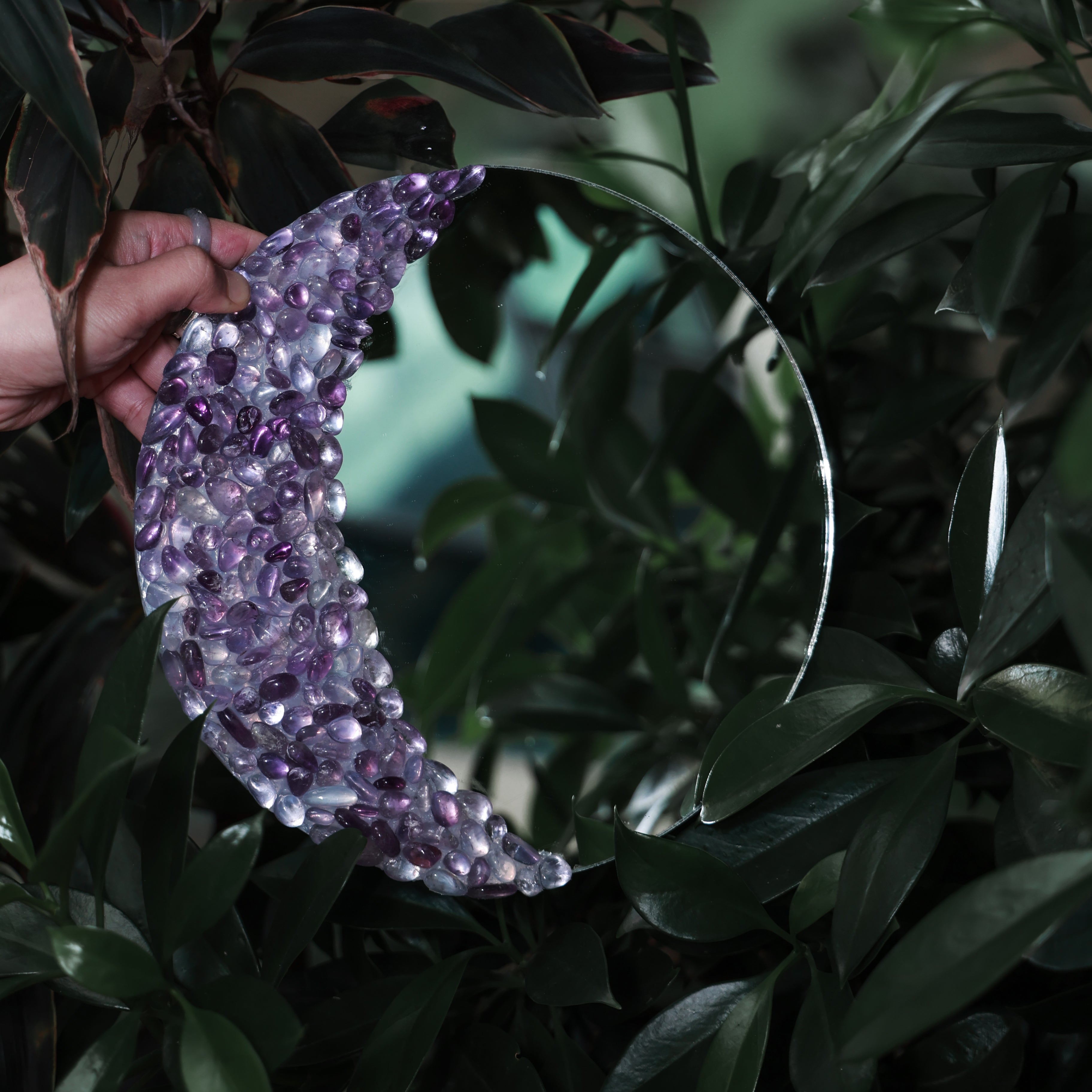 Amethyst Crescent Moon Handmade Mirror,  Lavender Spirituality