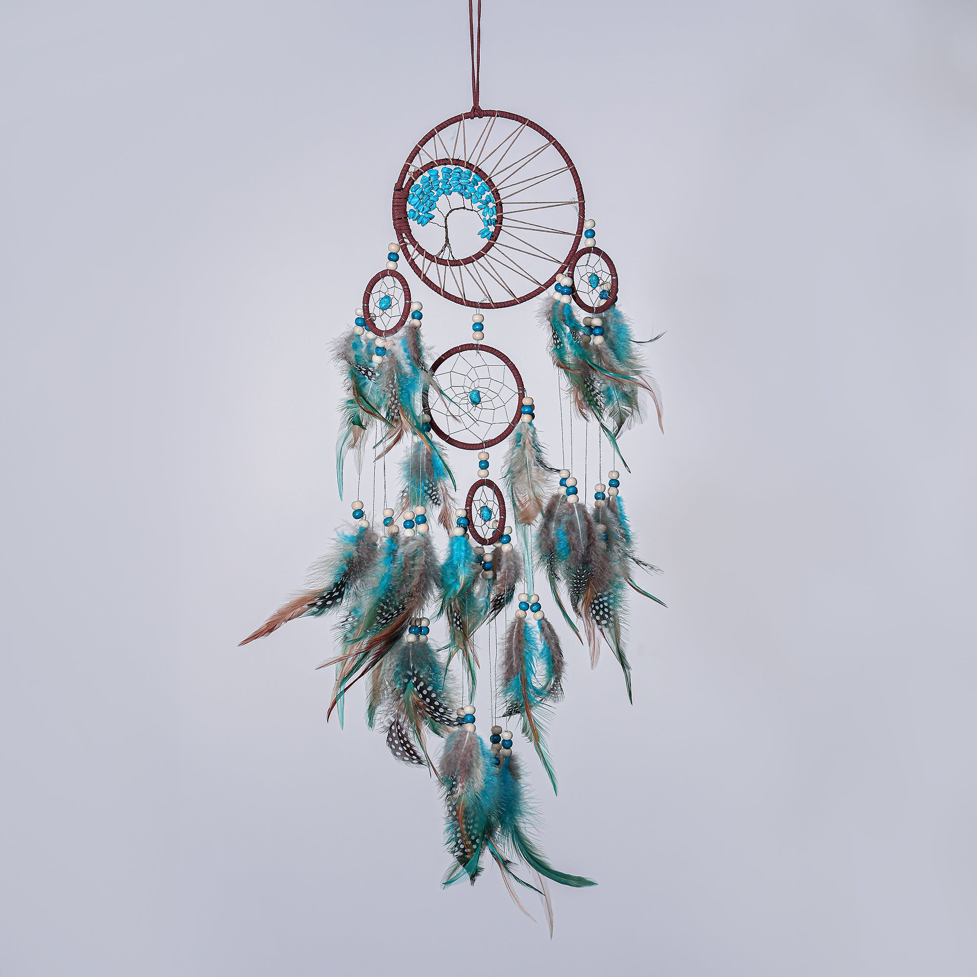 Turquoise Crystal Tree Hanging Dreamcatcher with Natural-tone Fabric